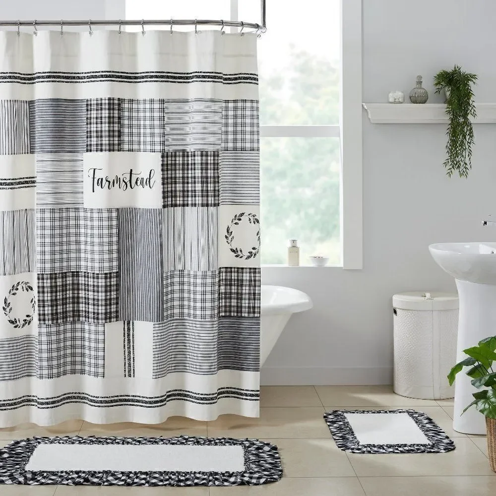 NEW! Farmhouse Black White Stenciled Patchwork Cotton Fabric Shower Curtain